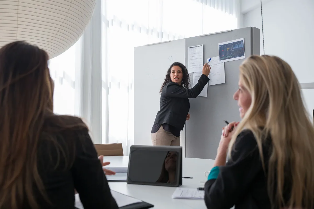 A professional presenting to colleagues in a boardroom