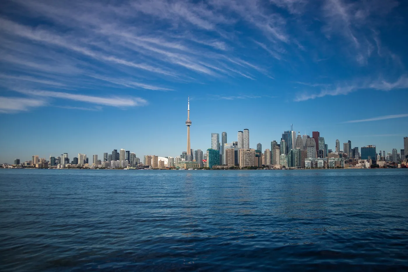 The Toronto skyline and CN Tower seen across Lake Ontario